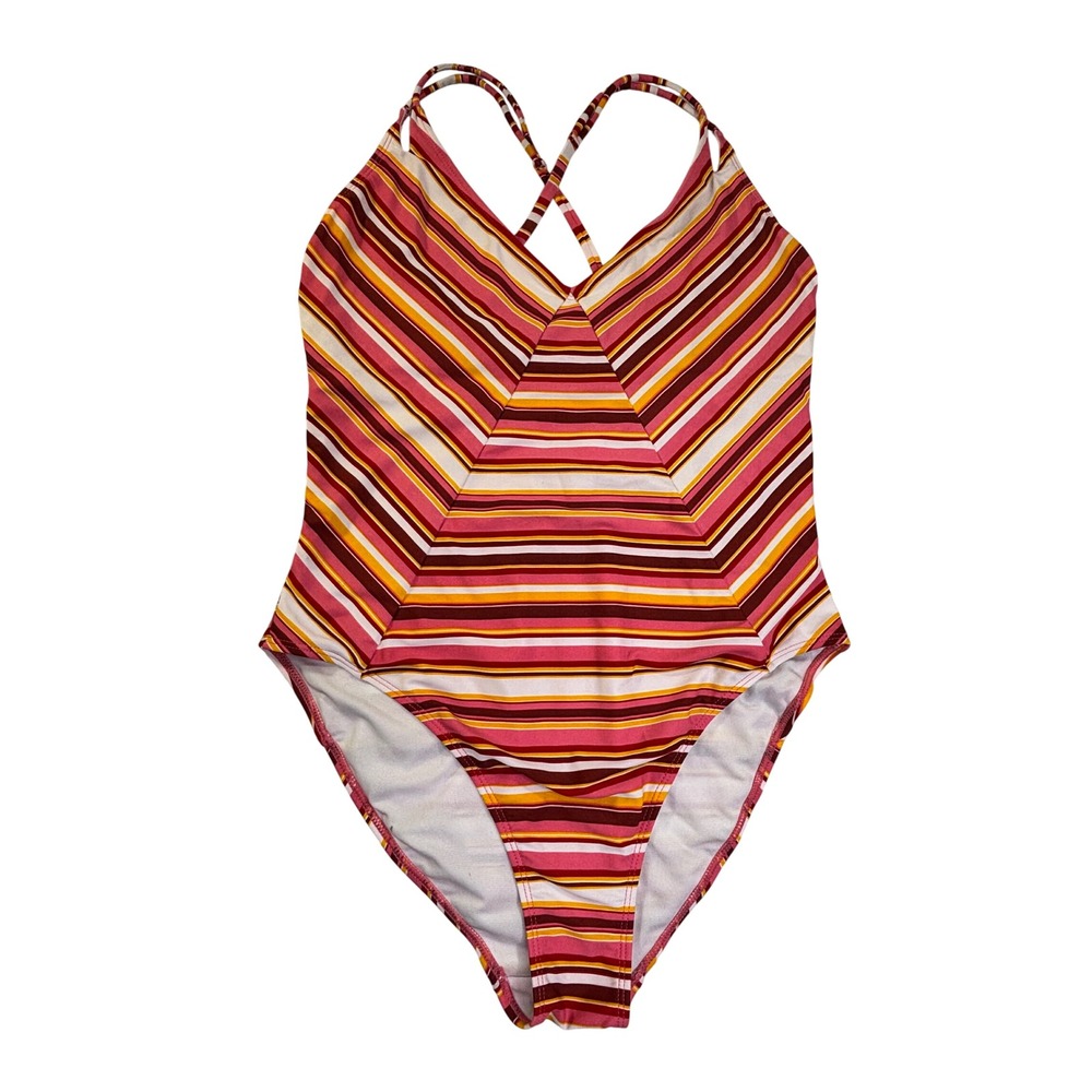 No Boundaries Womens Pink Orange Striped One Piece Swimsuit Size L 11-13
